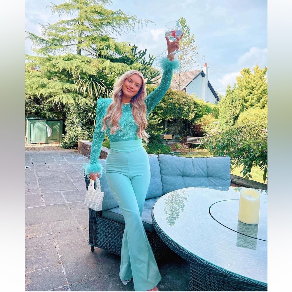 NEW SEASON Lavish Alice feather and sequin embellished jumpsuit missing belt